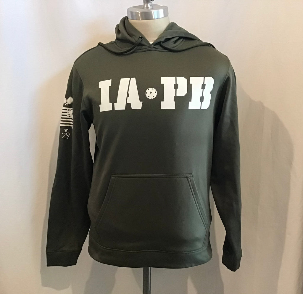 An army green olive hoodie with IA a pickleball PB screen printed in white on the front chest with some small detailing on the right shoulder in white