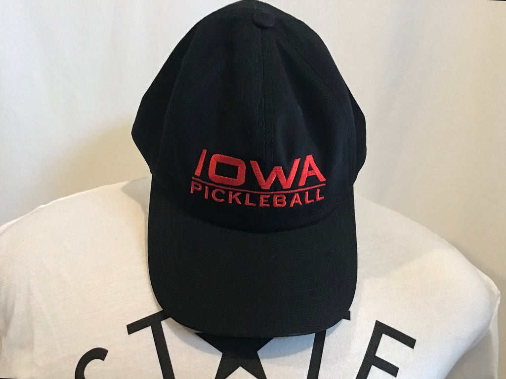 All black Dad hat with IOWA PICKLEBALL in red embroidered at the front center