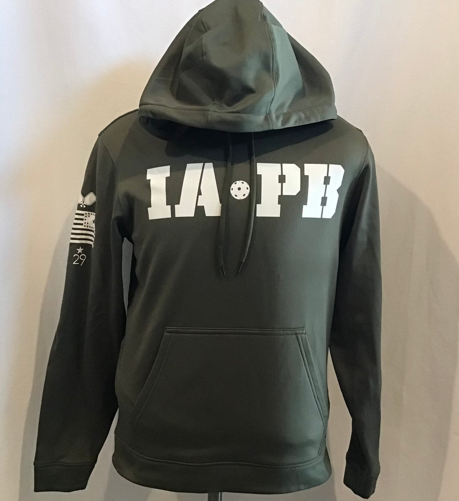An army green olive sweatshirt on a mannequin with the hood up and IA a pickleball PB screen printed in white on the front chest with some small detailing on the right shoulder in white