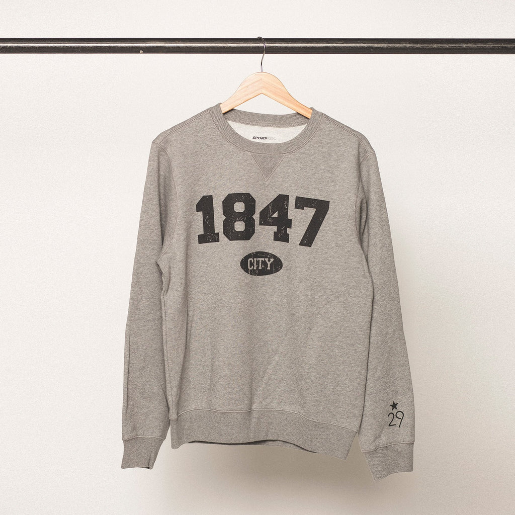 vintage heather grey sweatshirt with black bold screenprinted lettering featuring the established year 1847 for the university of iowa in iowa city