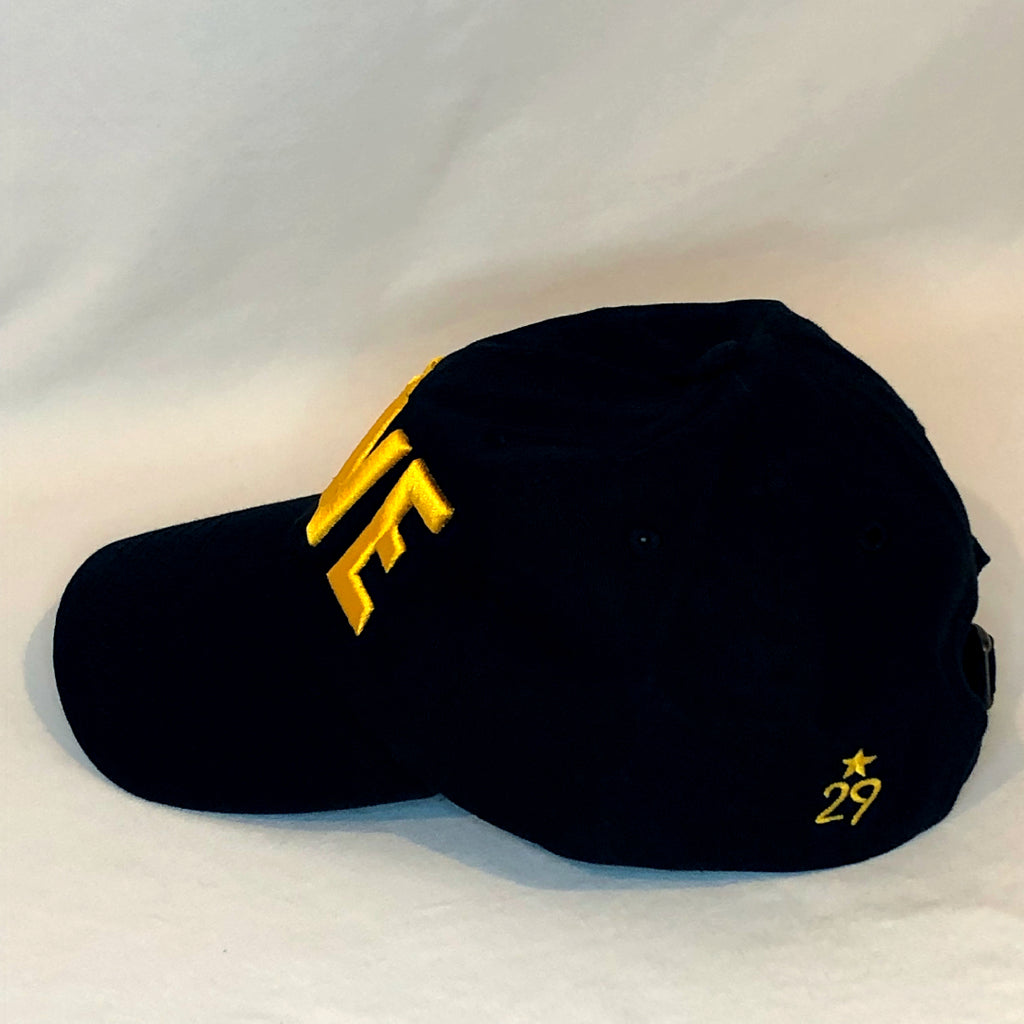 all black adjustable dad hat side view of the 29th state apparel logo on the back left panel by the adjuster
