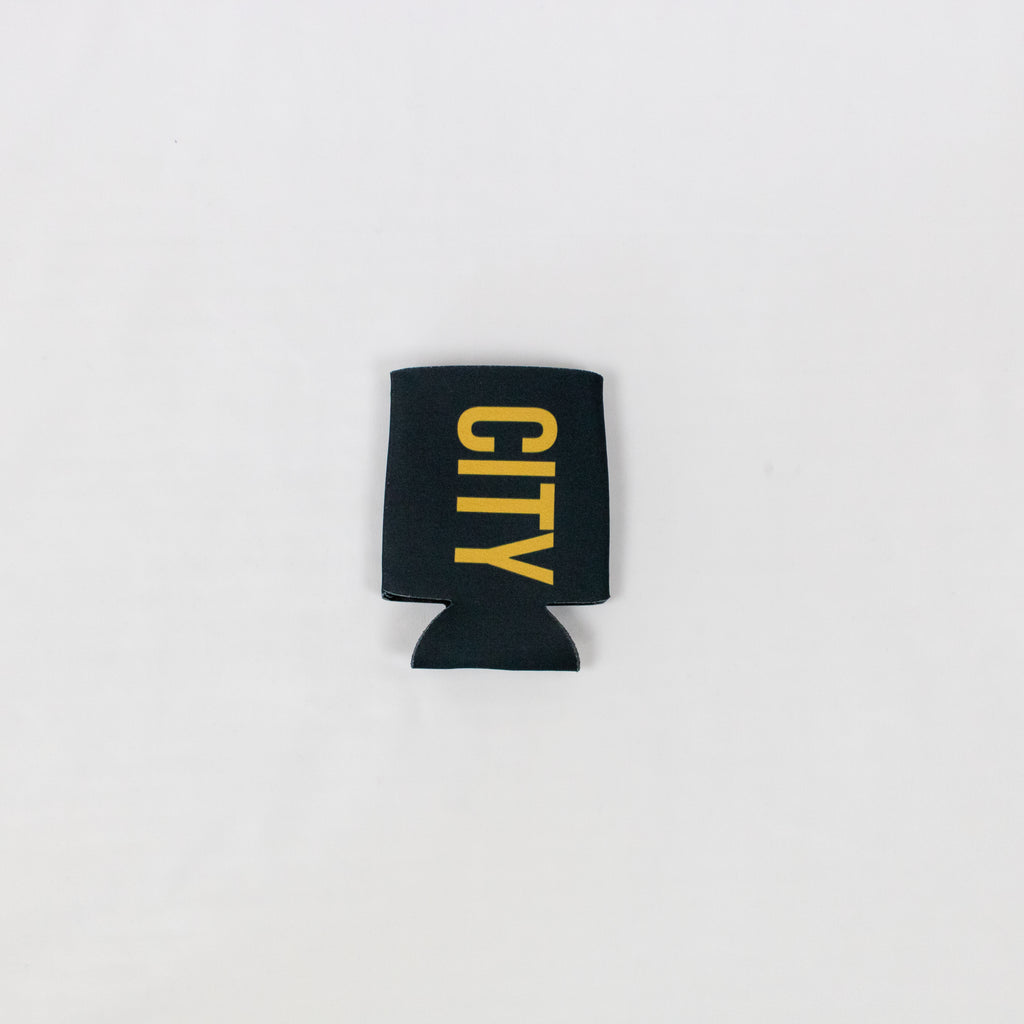 all black collapsable foam koozie with city printed in gold down the front