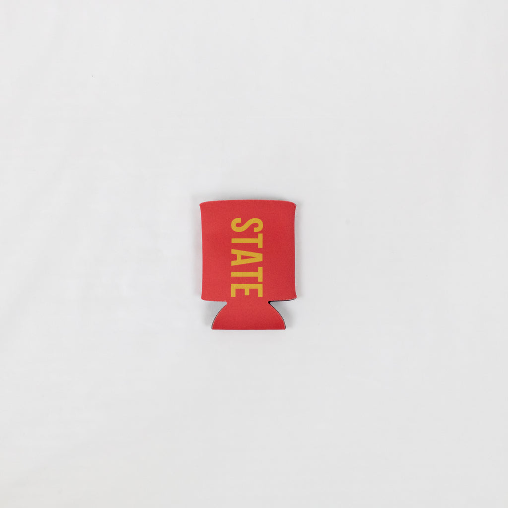 all red collapsable foam koozie with state printed in gold down the front