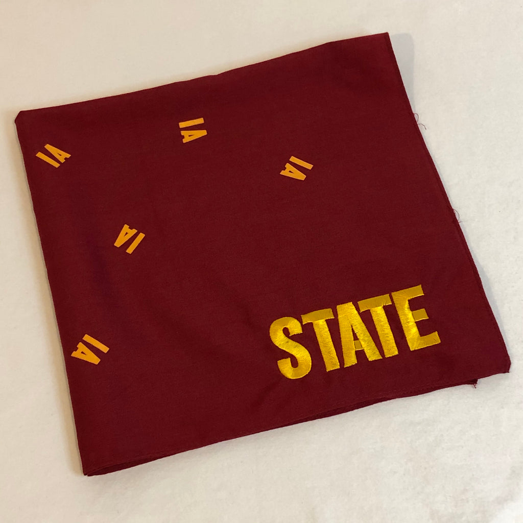 red bandana small IA printed randomly throughout background and state embroidered in corner in gold