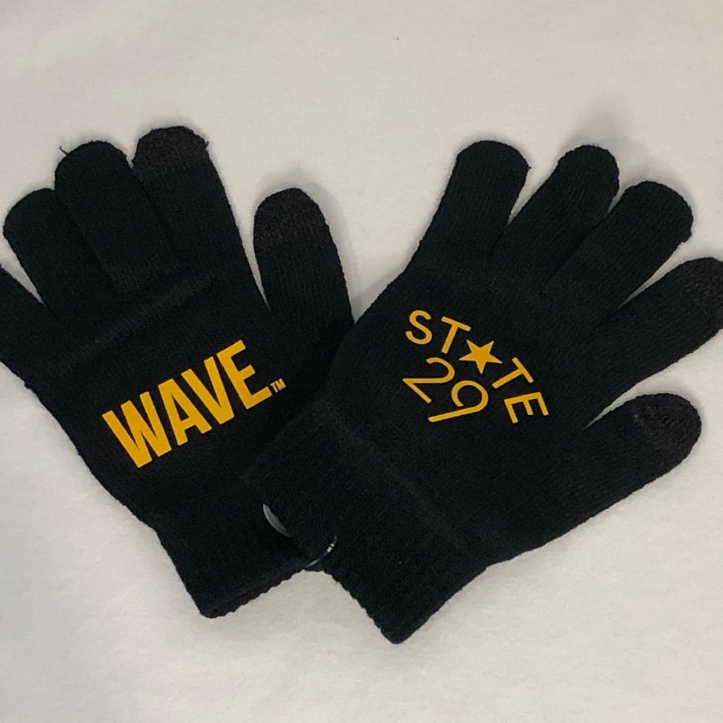 a small pair of black knit gloves with wave trademarked printed in gold on one side and the 29th state logo on the second side