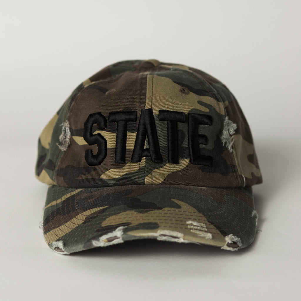 front view STATE Distressed Baseball Hat camo