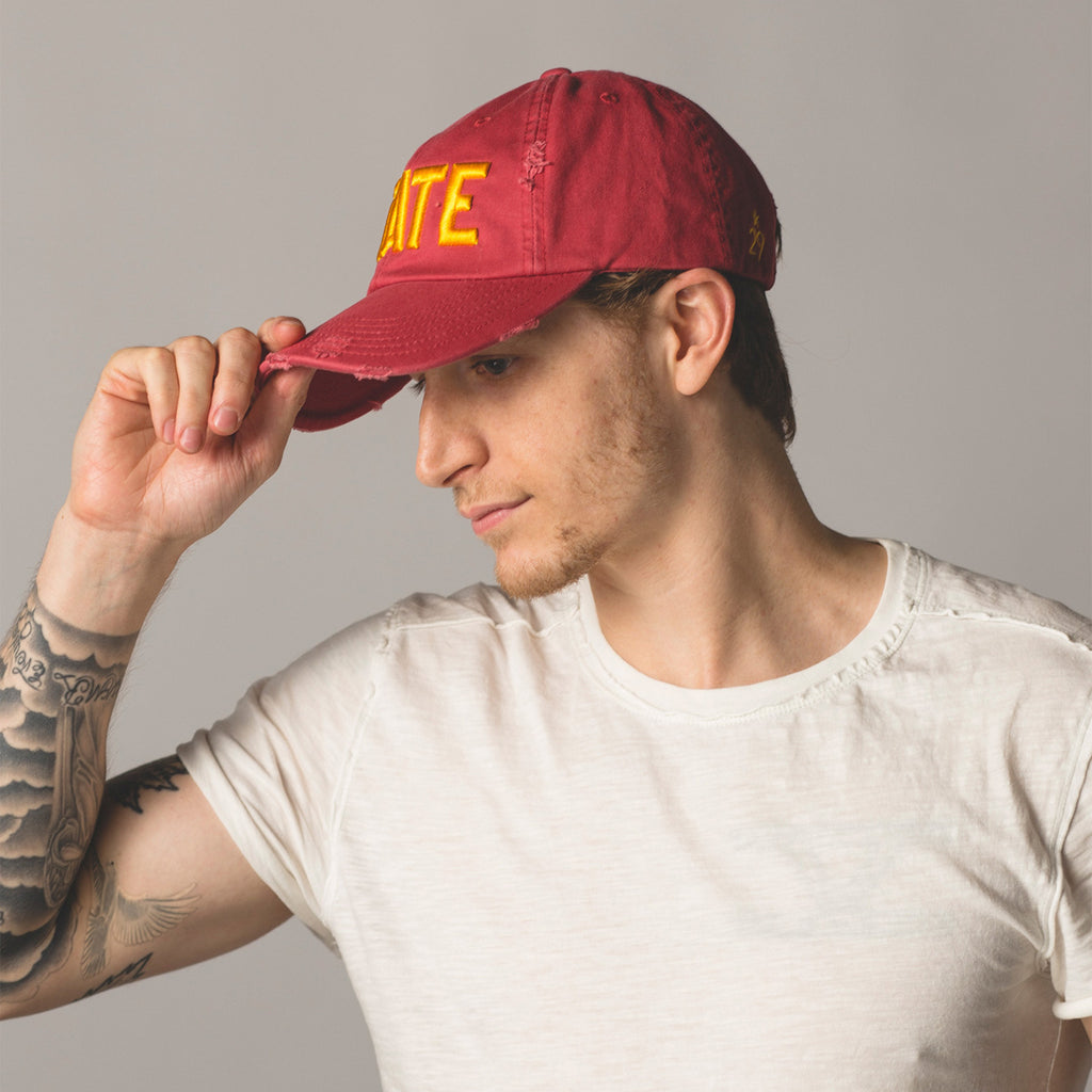 side view on model red STATE Distressed Baseball Hat