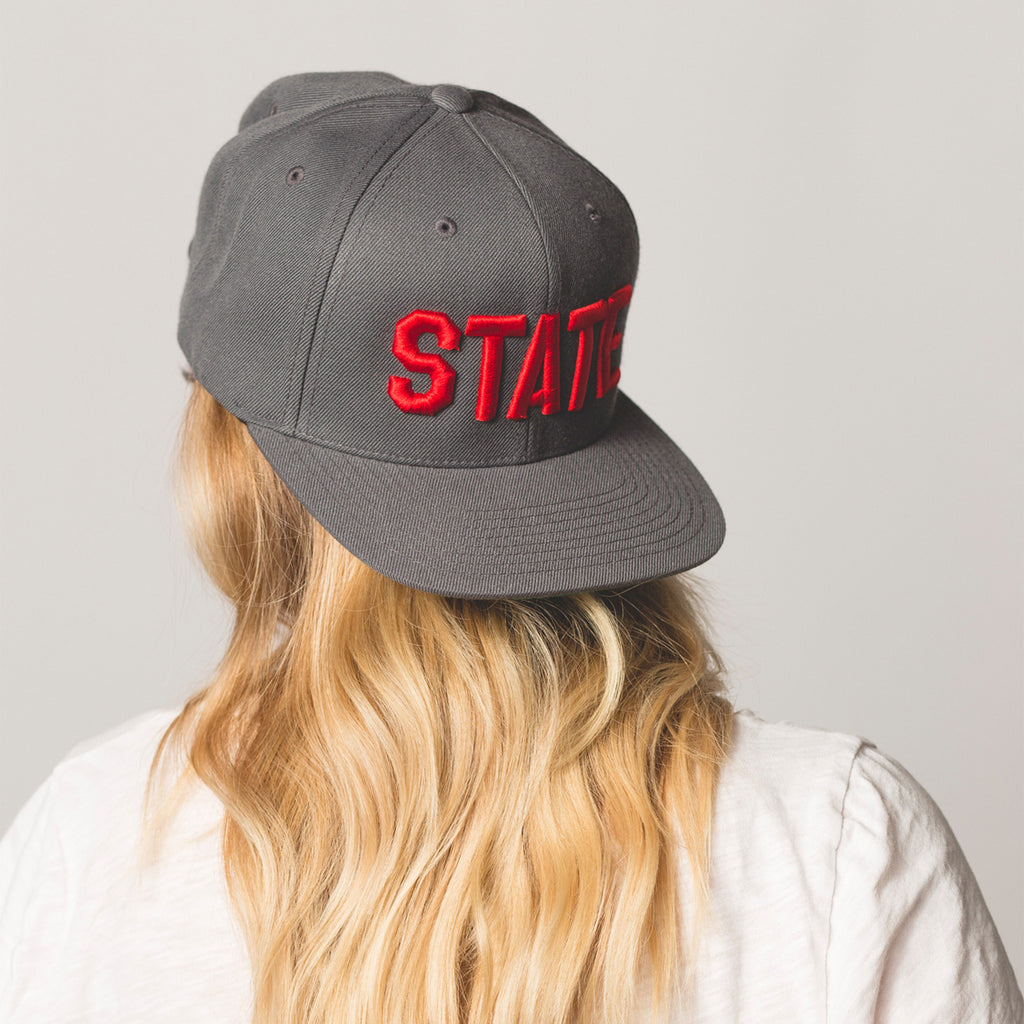 backwards on model STATE Flat Bill Snapback Hat gray