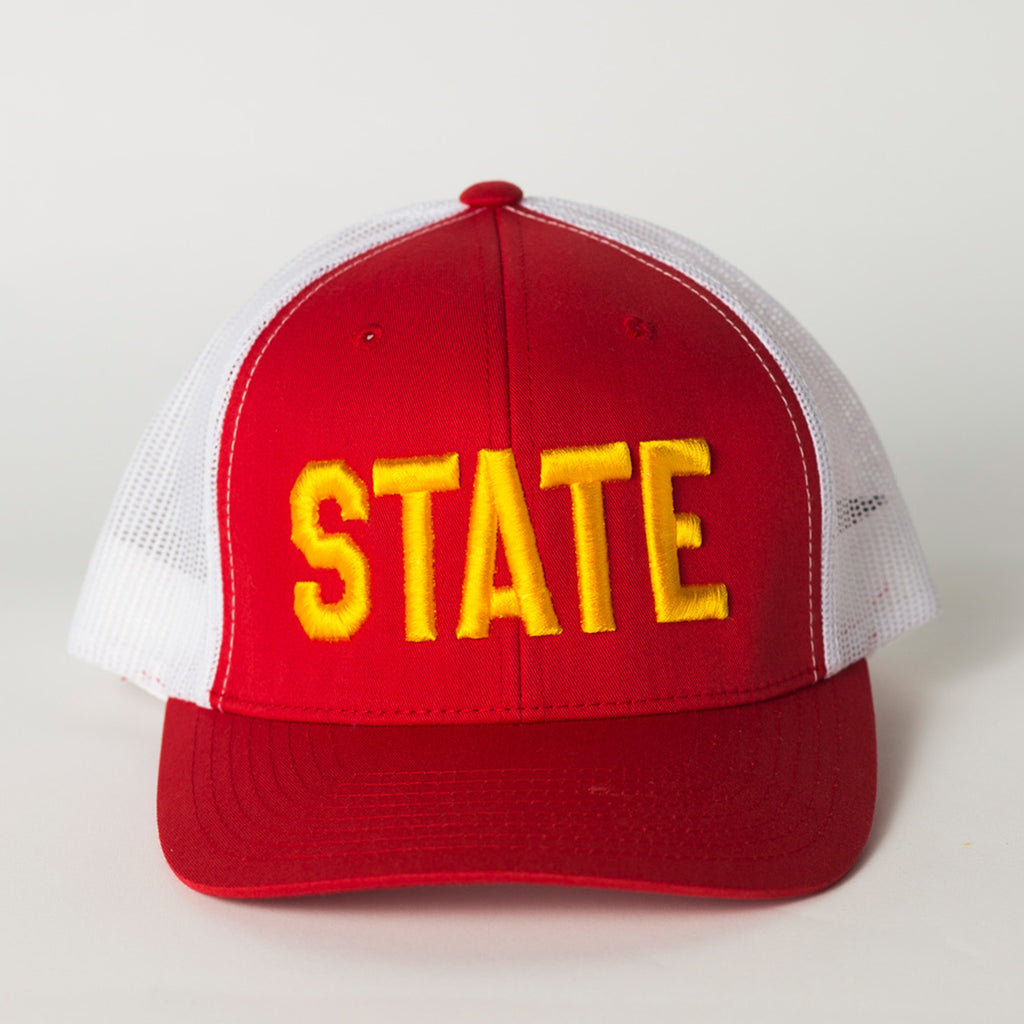 Front view of state hat red and white gold letters