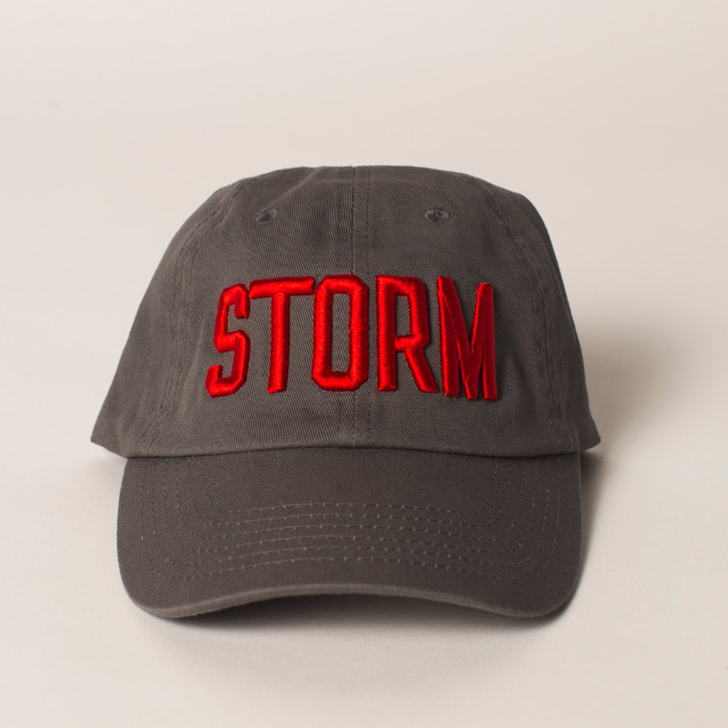 front view STORM baseball hat gray