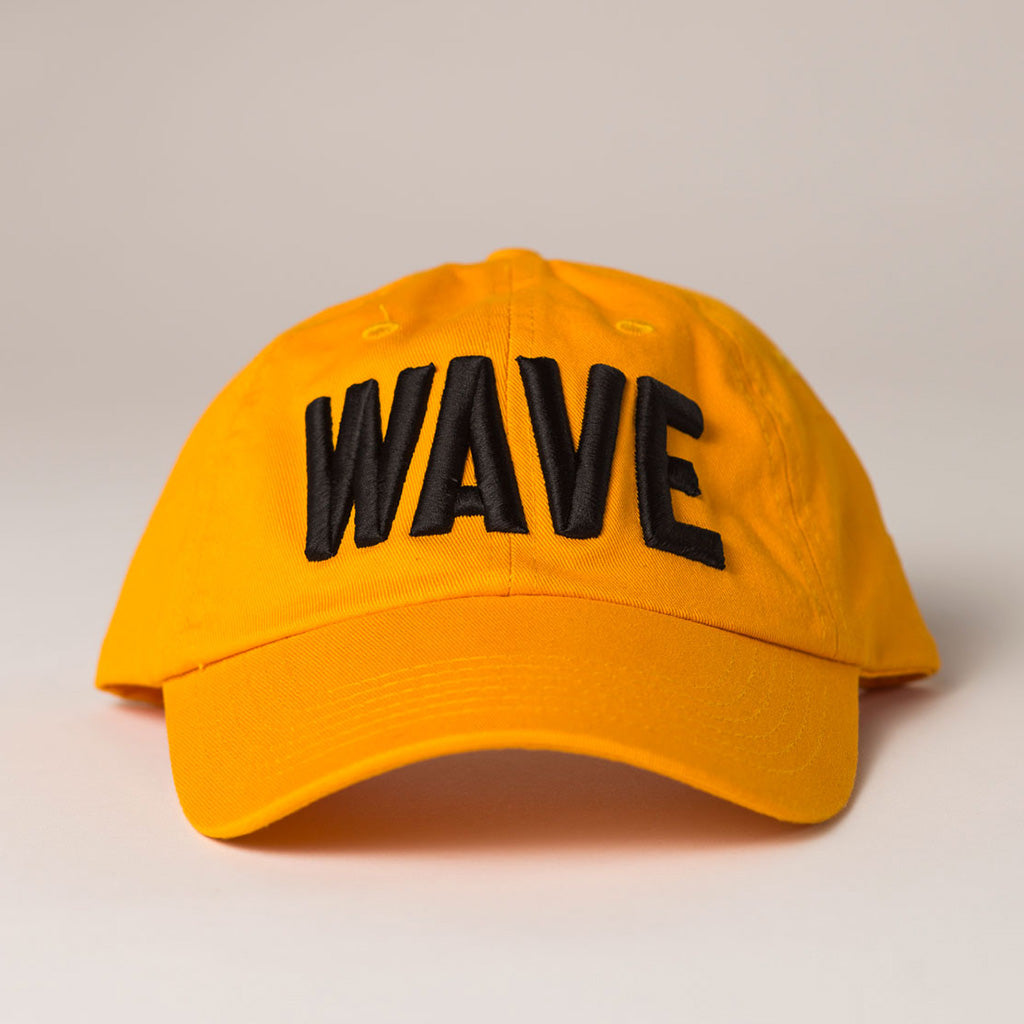 front view WAVE gold baseball hat