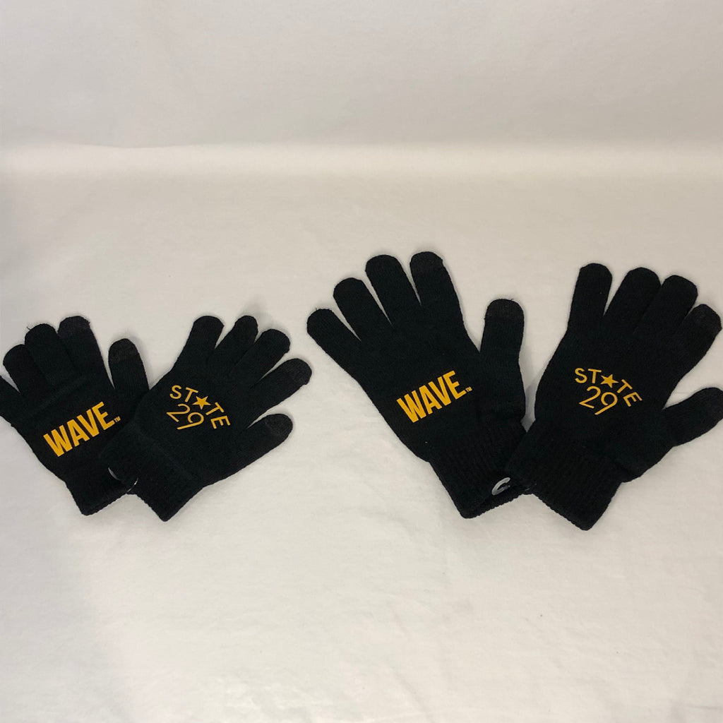 black knit gloves side by side on the left size small on the right size Large both pairs with WAVE trademarked printed on one side and the 29th state logo on the other side
