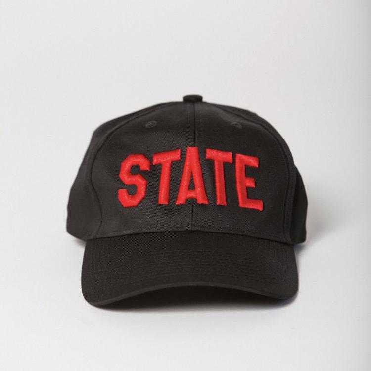 front view of black baseball hat with STATE embroidered on the front in red
