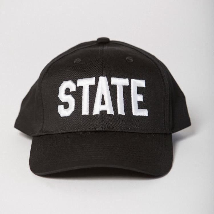 front view black baseball hat with STATE in white embroidered on the front